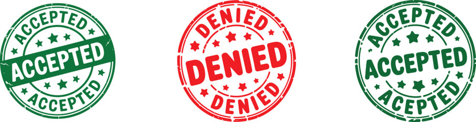 Accepted Denied Rubber Stamps Set. Featuring green ACCEPTED and red DENIED circular seals with a distressed texture. Indicating approval, agreement and rejection, refusal. Vector graphic assets.