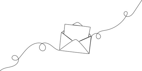 continuous line drawing of letter in open envelope, line art vector illustration