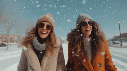Two friends walking through the snow in style, smiling and having a good time