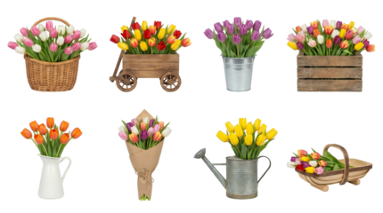 Spring tulip flower arrangement set including basket, wooden cart, metal bucket, crate, pitcher, bouquet, and watering can isolated. Floral gift and gardening collection.