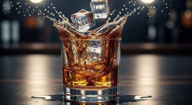 Whiskey Splash with Ice Cubes in a Glass.