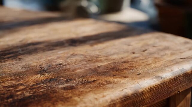 Close-up of scratches on a wooden table surface, layered marks telling a story of long-term use, aging furniture, and lived-in interiors. cinematic color correction, natural uneven lighting yet