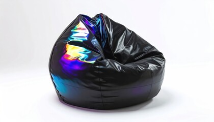Fototapeta premium Large black beanbag chair reflecting light, isolated on white background