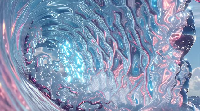青空と積雲を背景に、ネオンの光沢を反射するダイナミックな抽象波のCG映像