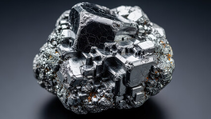 Clear Venezuelan lead ore rock with distinct crystal formations and metal luster. Close-up view highlights intricate details and reflections of Venezuelan lead ore rock. Perfect for minerals study,