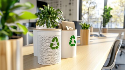 Modern eco office recycling station with labeled bins for paper, plastic, and organic waste and light wooden textures