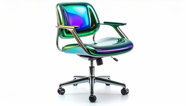 Modern office chair with a reflective, rainbow-like metallic finish against white background