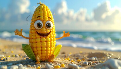 A cute corn cob with big eyes, legs and hands, cartoon mascot style, ultra-realistic photography, full body photography, slightly blurred beach background