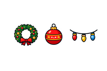 Fototapeta premium Christmas icons: wreath, ornament, and string lights