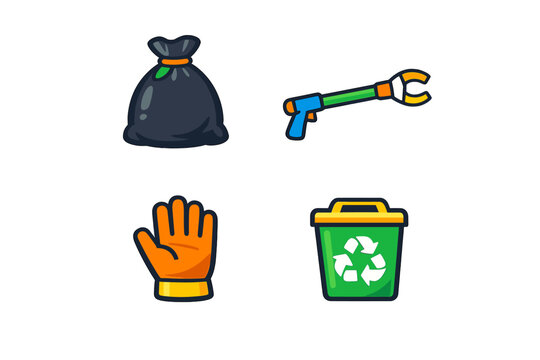 Set of cartoon icons related to cleaning and recycling