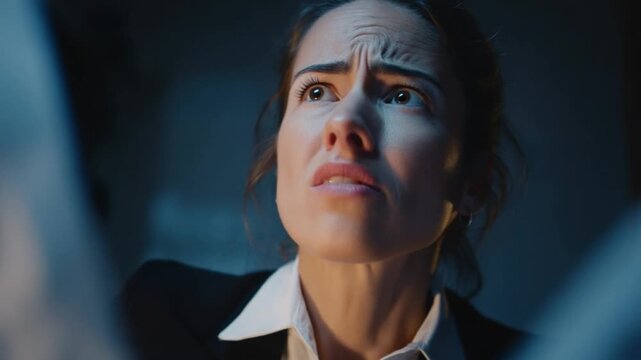 Concerned Glance: A woman displays intense concern, her features etched with worry, perhaps grappling with a problem. The somber atmosphere amplifies her distress. 