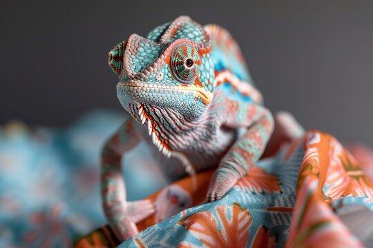 A chameleon sits on a bright fabric, camouflaging itself with colorful patterns. It uses its unique colors and textures to adapt to the surroundings in a sunny room