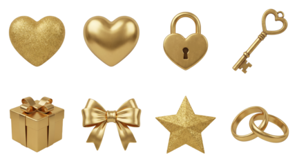 Golden luxury object set including glitter heart, padlock, key, gift box, bow, star, and wedding rings isolated. Romantic decoration for celebration and valentine designs.