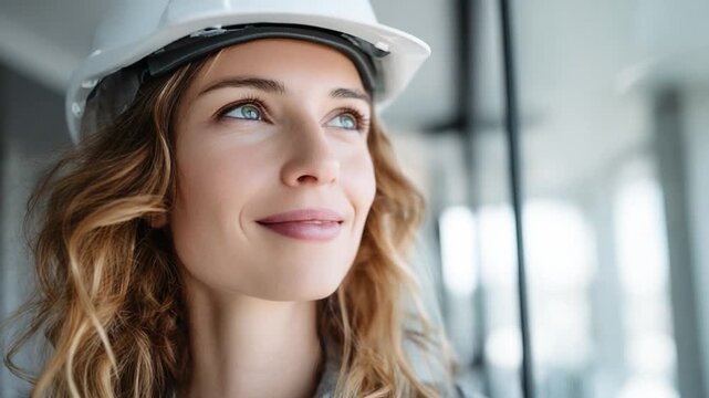 Visionary Architect: A focused architect, adorned in a pristine hard hat, gazes thoughtfully through a window, envisioning the future of construction and design. 