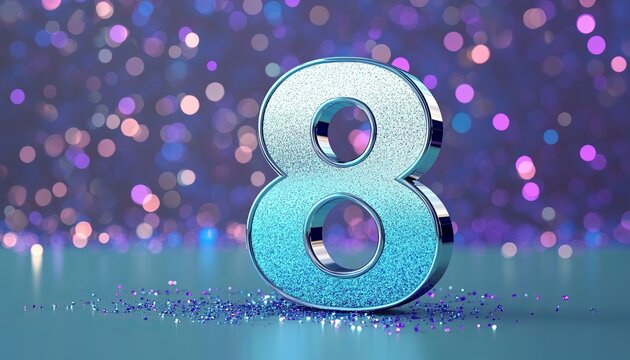 Bright silver metallic number eight on turquoise with blurred purple and blue sparkles behind - Powered by Adobe