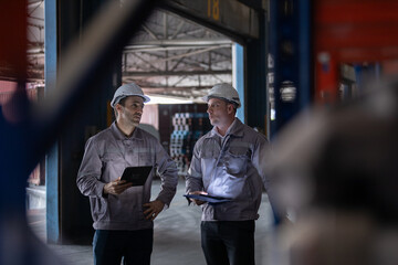 Two warehouse supervisors wearing safety uniforms and helmets discussing logistics operations using digital tablets in an industrial storage facility, symbolizing management, planning and technology.