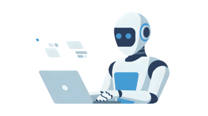 Modern Robot Working on Laptop with Holographic Interface Showing Data, Vector Illustration Isolated on Transparent Background