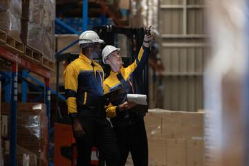 Two warehouse workers in safety uniforms coordinating inventory check with digital tablet and clipboard, showcasing teamwork, logistics planning, warehouse efficiency in industrial storage.