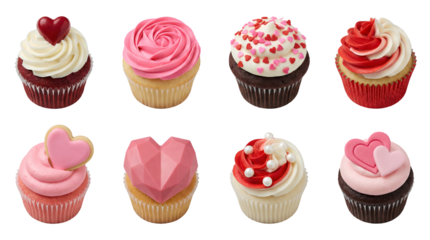 Valentine's day cupcake set including red velvet, vanilla, and chocolate muffins with heart decorations isolated. Sweet dessert and bakery collection.