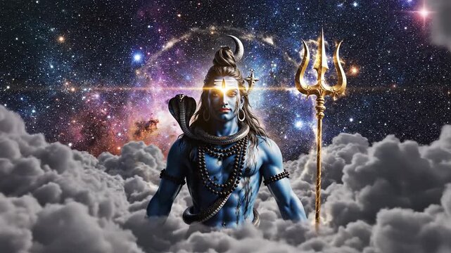 Lord Shiva in Cosmic Space Surrounded by Clouds and Trident