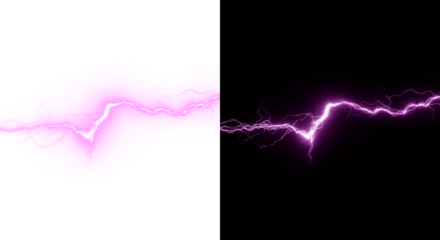Split illustration with transparent PNG and black background showing a bright minimalist purple lightning stretching from end to end.