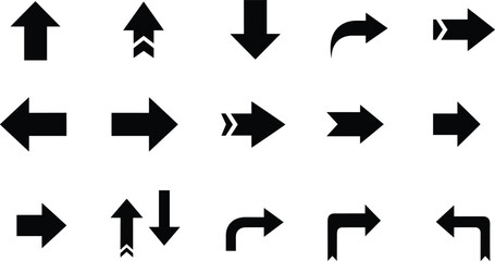 Black Directional Arrow Icons Set with Straight, Curved, Turn, and Chevron Navigation Symbols Vector Illustration