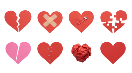 Broken heart set including mended, bandaged, pinned, and puzzled paper heart variants. Emotional recovery and relationship repair collection.
