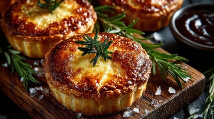 Decadent baked cheese souffle topped with herbs served on a rustic wooden board with condiments and seasoning