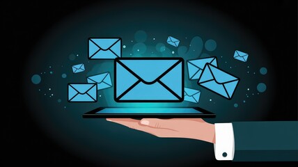 Businessman presenting emails on laptop with flying envelopes