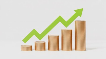 Increasing financial growth with rising coins and green arrow