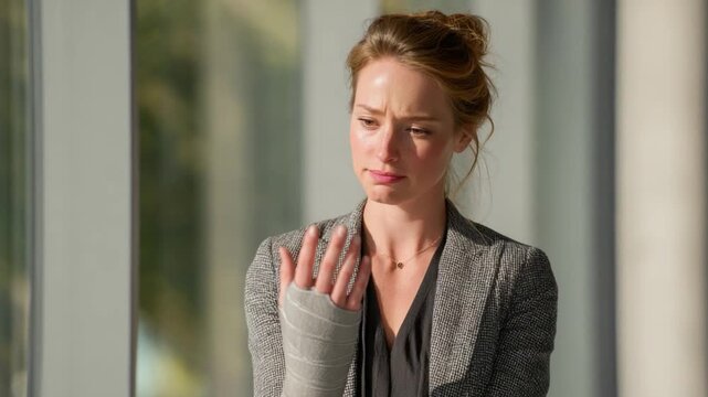 The Pain of Injury: A young woman in a gray business suit, with a cast on her left arm, embodies the resilience in the face of physical challenge and the emotional toll of an injury.