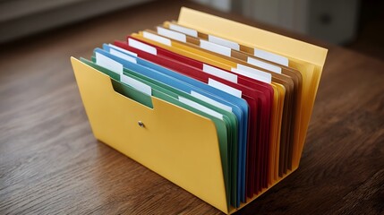 A yellow expanding file folder filled with colorful tabs and documents rests on a wooden surface