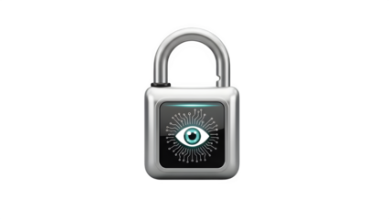 A silver digital padlock with glowing blue eye isolated on transparent background