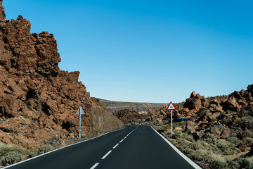 Volcanic landscape of Teide National Park, Tenerife, Spain. View on snowcapped Mount Teide.