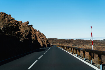 Volcanic landscape of Teide National Park, Tenerife, Spain. View on snowcapped Mount Teide.