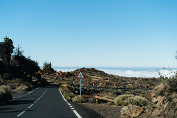 Volcanic landscape of Teide National Park, Tenerife, Spain. View on snowcapped Mount Teide.