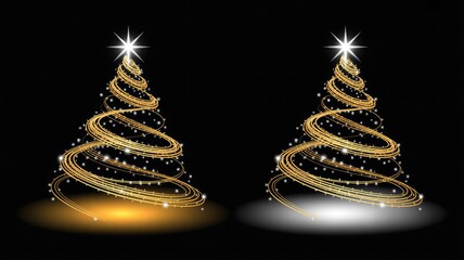 Golden Christmas trees with sparkling star on black background