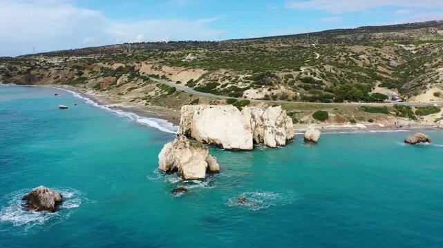 Petra tou Romiou (Aphrodite's Rock) the birthplace of Aphrodite, Paphos, Cyprus. Aerial view of Petra tou Romiou, aka Aphrodite's rock a famous tourist travel destination landmark in Paphos, Cyprus.