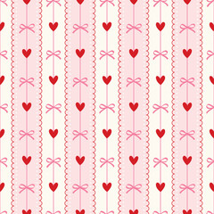 Coquette seamless pattern with red hand drawn hearts and pink bows on pink and white stripes with lace background, whimsical and feminine designs for fabric prints, wallpaper and wrapping paper.