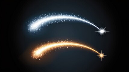 Sparkling white and gold light trails with starbursts on dark background