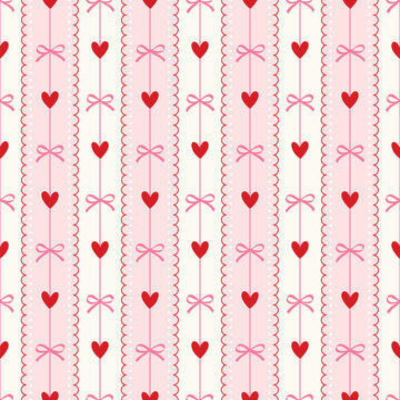 Coquette seamless pattern with red hand drawn hearts and pink bows on pink and white stripes with lace background, whimsical and feminine designs for fabric prints, wallpaper and wrapping paper.