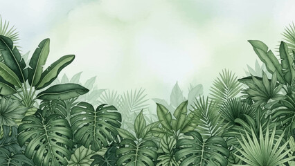 Lush watercolor jungle foliage with large tropical leaves and a soft bokeh background, perfect for nature and travel themes © Beny Qurdy