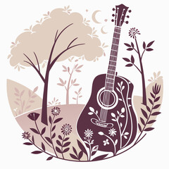 Acoustic Guitar Silhouette with Floral Ornamentation and Nature Elements for Music Store Logo and Folk Music Event.