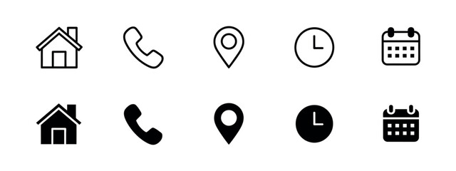 Interface Icon Set Vector Featuring Phone Receiver, Home, Location Pin, Clock, and Calendar for Contact, Navigation, and Scheduling