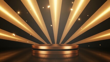Golden stage with radiant beams and sparks for awards or product showcase