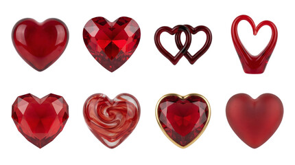 Red heart set including faceted gems, glass ornaments, intertwined shapes, and matte figurines isolated. Valentines Day and romantic decor collection.