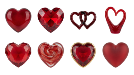 Red heart set including faceted gems, glass ornaments, intertwined shapes, and matte figurines isolated. Valentines Day and romantic decor collection.