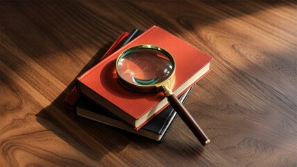 Magnifying glass on stack of books for research and investigation