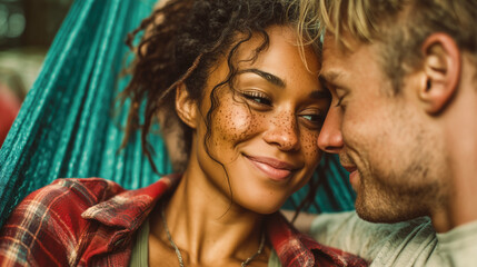 Happy Couple Relaxing Together in a Hammock Outdoors
