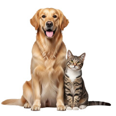 Obraz premium Golden retriever and cat sitting together isolated on transparent background